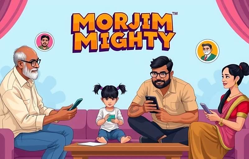Indian family playing Morjim Mighty together on mobile devices