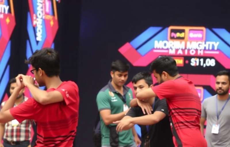 Morjim Mighty national tournament in Mumbai with players competing on stage