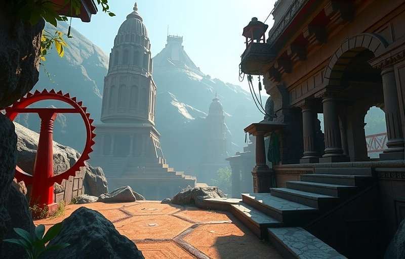 Morjim Mighty gameplay showing player character exploring ancient Indian temple ruins